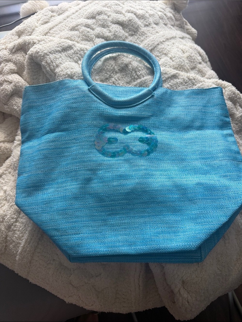 Escada Turquoise Sequin Logo Round-Handle Tote